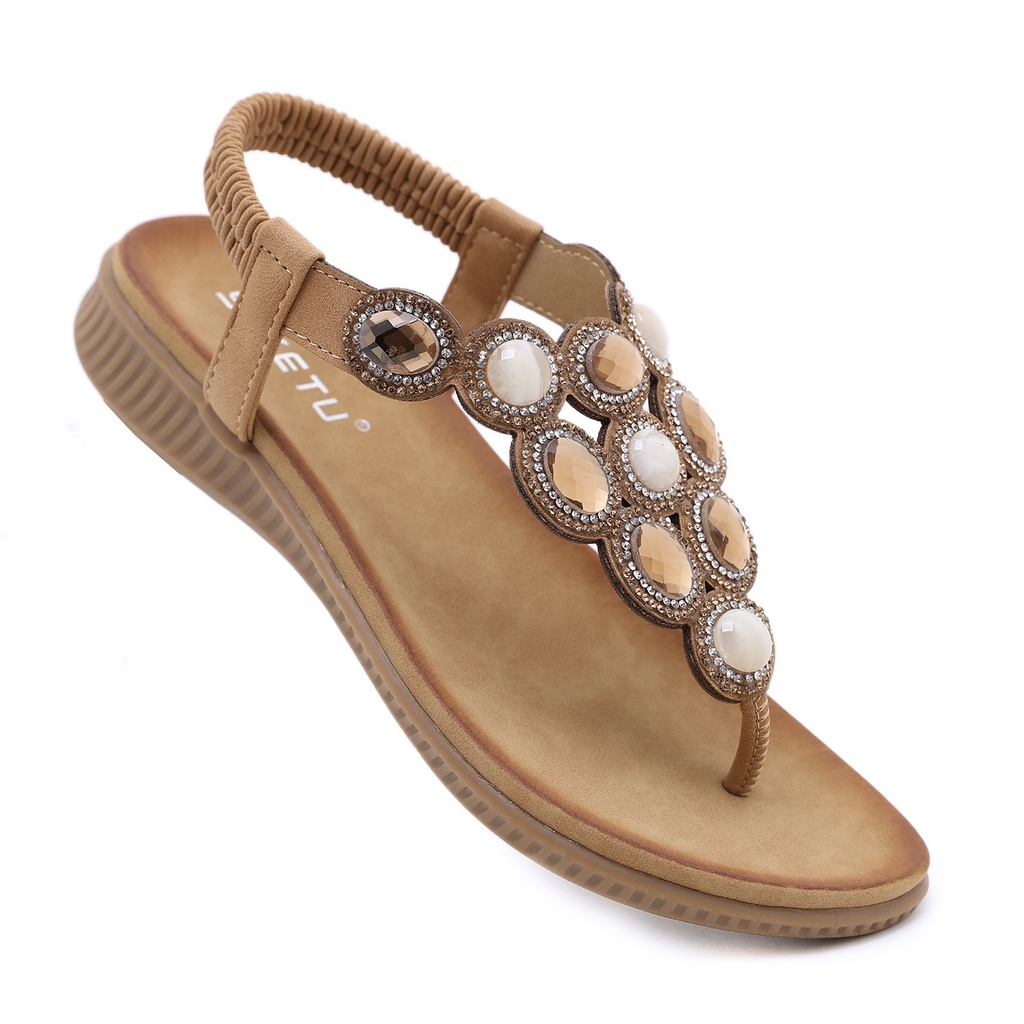 Giày Sandal Đế Mềm Mũi Tròn Đính Đá Phong Cách Bohemian Dành Cho Nữ Size 41 42