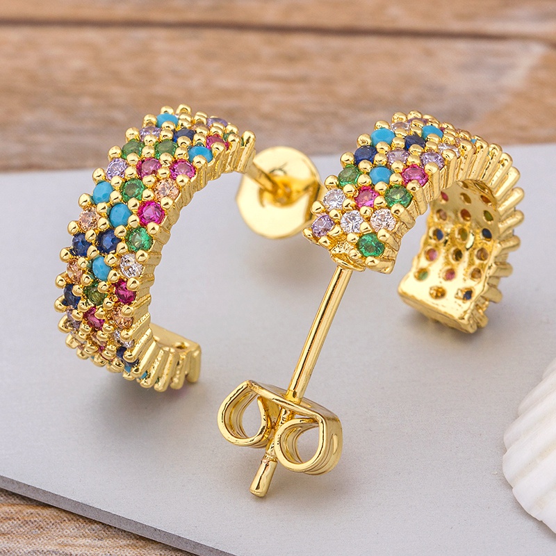 Bông Tai Hình Bán Nguyệt Đính Đá Zircon Màu Cầu Vồng Thời Trang Cho Nữ