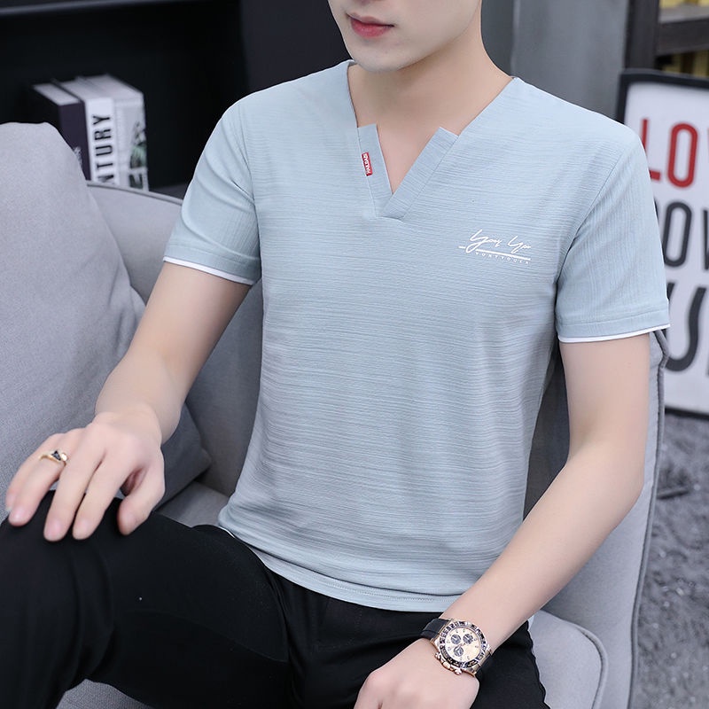 Áo Thun Cotton Ngắn Tay Cổ Chữ V Đơn Giản Theo Phong Cách Hàn Quốc Dành Cho Nam