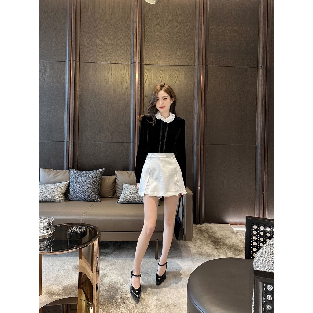 Áo sơmi chất nhung thời trang cao cấp thương hiệu Saint Laurent YSL thiết kế cổ áo xếp ly độc đáo, sang chảnh