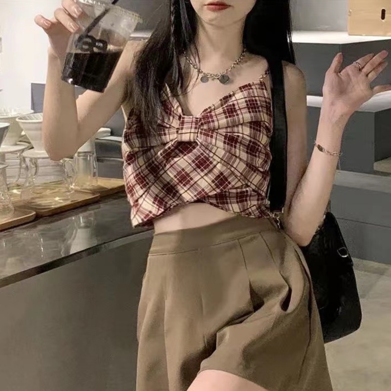 Áo Hai Dây Dáng Ngắn Màu Sắc Tương Phản Phong Cách Hàn Quốc Quyến Rũ