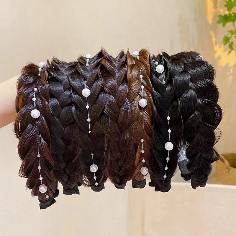 Băng Đô Dạng Tóc Giả Thắt Bím Đính Hoa Và Ngọc Trai Chống Trượt Thời Trang Cho Nữ