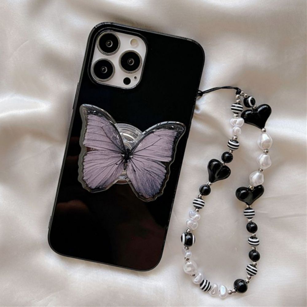 Ốp Điện Thoại TPU Mềm Chống Rơi Họa Tiết Bướm Có Giá Đỡ Và Dây Xích Ngọc Trai Cho IPhone 14 13 12 11 Pro Max XS XR 8 7