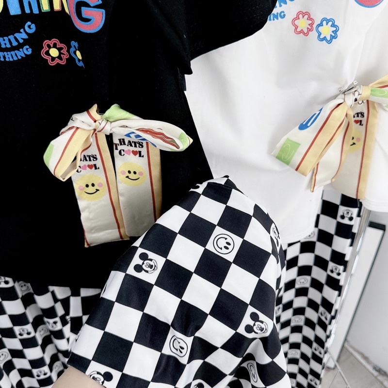 [ 𝐅𝐑𝐄𝐄 𝐒𝐇𝐈𝐏 ] Set áo phông mặt cười nơ cài mix quần suông caro hot hit Áo cotton tàu mềm đẹp, xẻ hông chuẩn mẫu