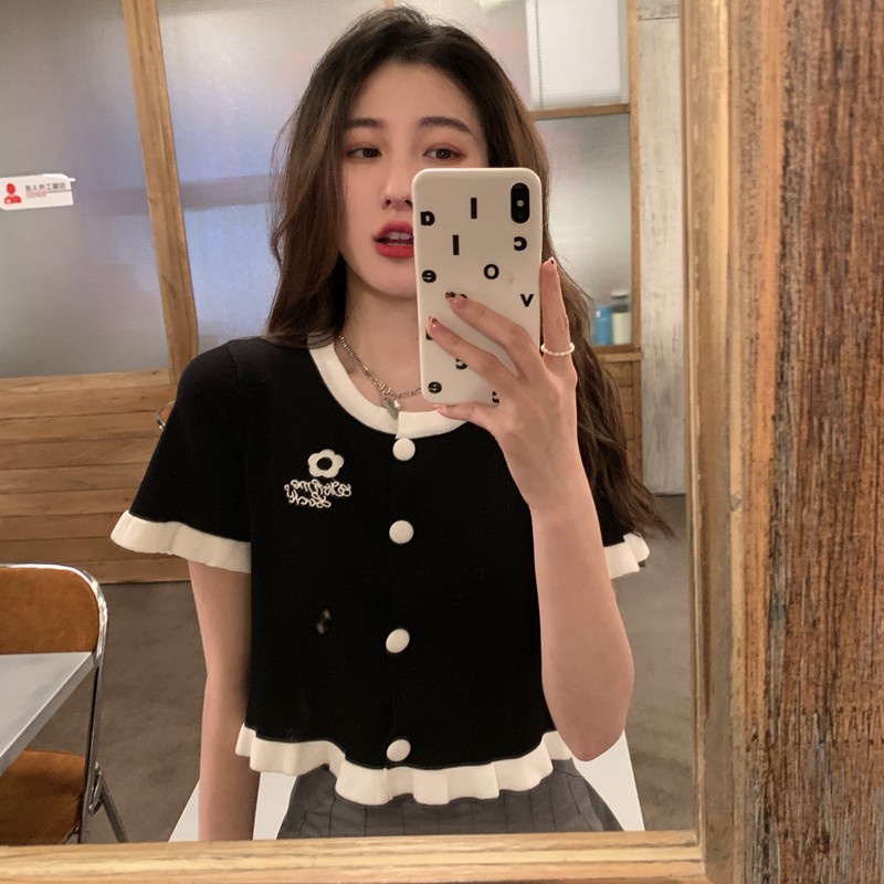 Áo Kiểu Cardigan Dệt Kim Tay Ngắn Hoạ Tiết Thêu Phong Cách Hàn Quốc Cho Nữ