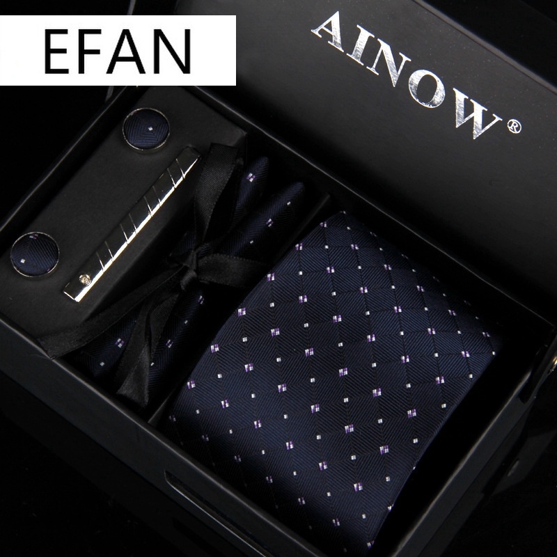 Set cà vạt và khuy măng sét EFAN 8cm có hộp đựng chất liệu lụa dệt hoa văn cổ điển dành cho nam