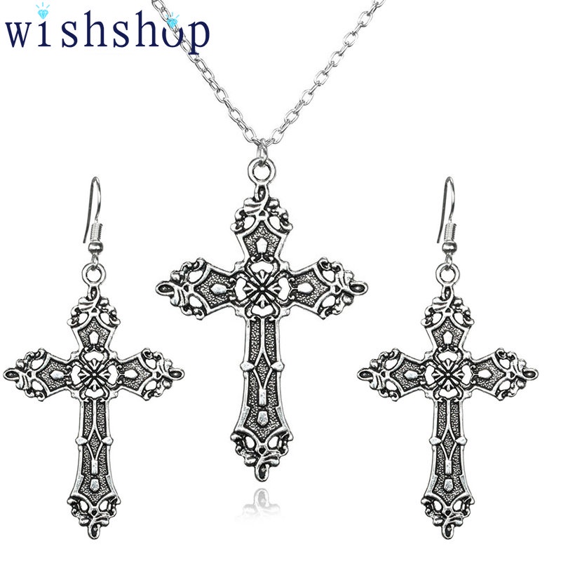 Bộ Vòng cổ + Bông Tai Hình Thánh Giá Màu Bạc Phong Cách Gothic Thời Trang Cho Nam Và Nữ