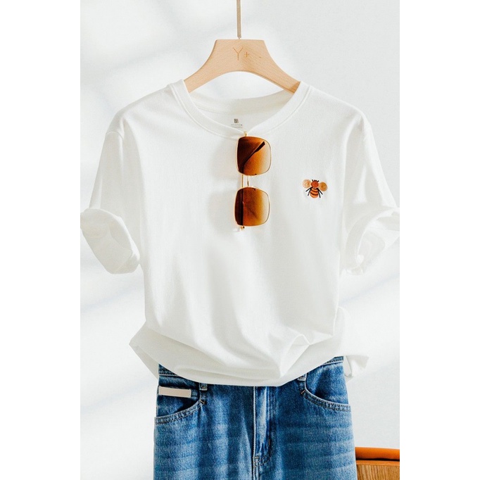 Áo Thun Tay Ngắn Dáng Rộng Màu Trắng Thêu Hình Chú Ong Nhỏ Thời Trang Mùa Hè 2023 Mới Cho Cặp Đôi