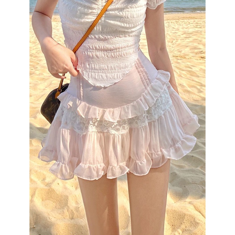 Đầm Nữ Phong Cách Thời Trang Nhật Bản Trẻ Trung Xinh Xắn Váy Cạp Cao Mỏng Nhìn Xếp Nếp. Chân Váy Voan Phối Ren Thiết Kế Thanh Lịch Thời Trang Quần Lót Thiết Kế Quyến Rũ Thời Trang Dành Cho Nữ