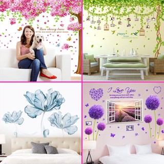 Decal dán tường cây xanh và decal hoa bồ công anh tím [AL0014]