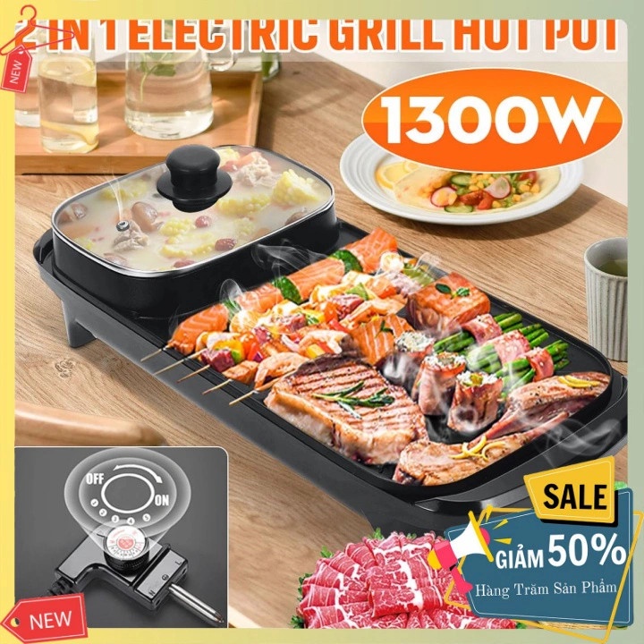 Bếp nướng lẩu 2 ngăn dài đa năng, nồi lẩu nướng điện 2 trong 1 tiết kiệm điện năng, Chính hãng Fujika