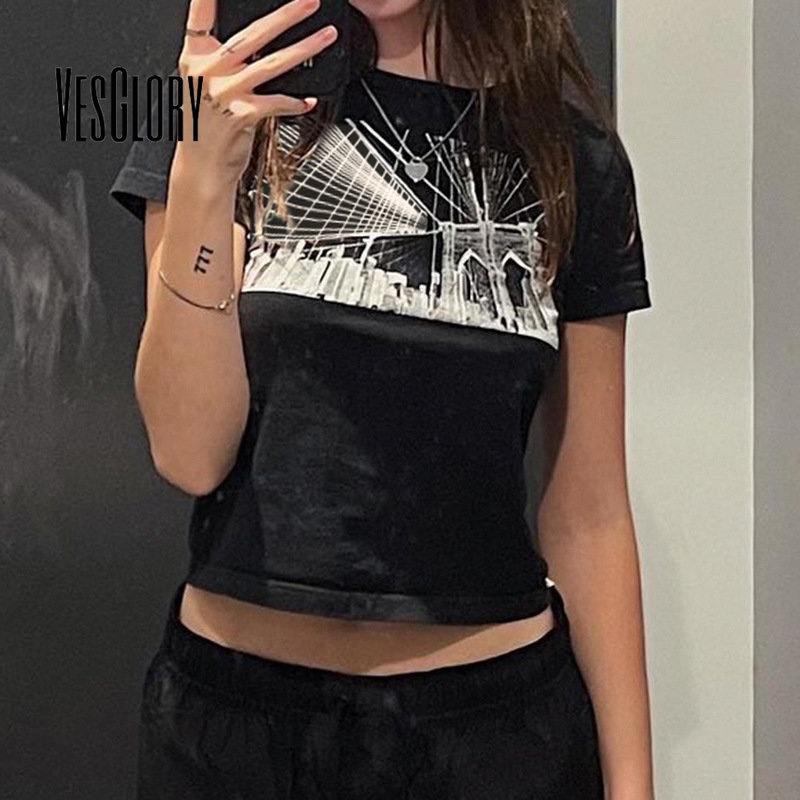 Áo Thun Tay Ngắn Cổ Tròn Màu Trơn In Họa Tiết Trừu Tượng Thời Trang Cho Nữ