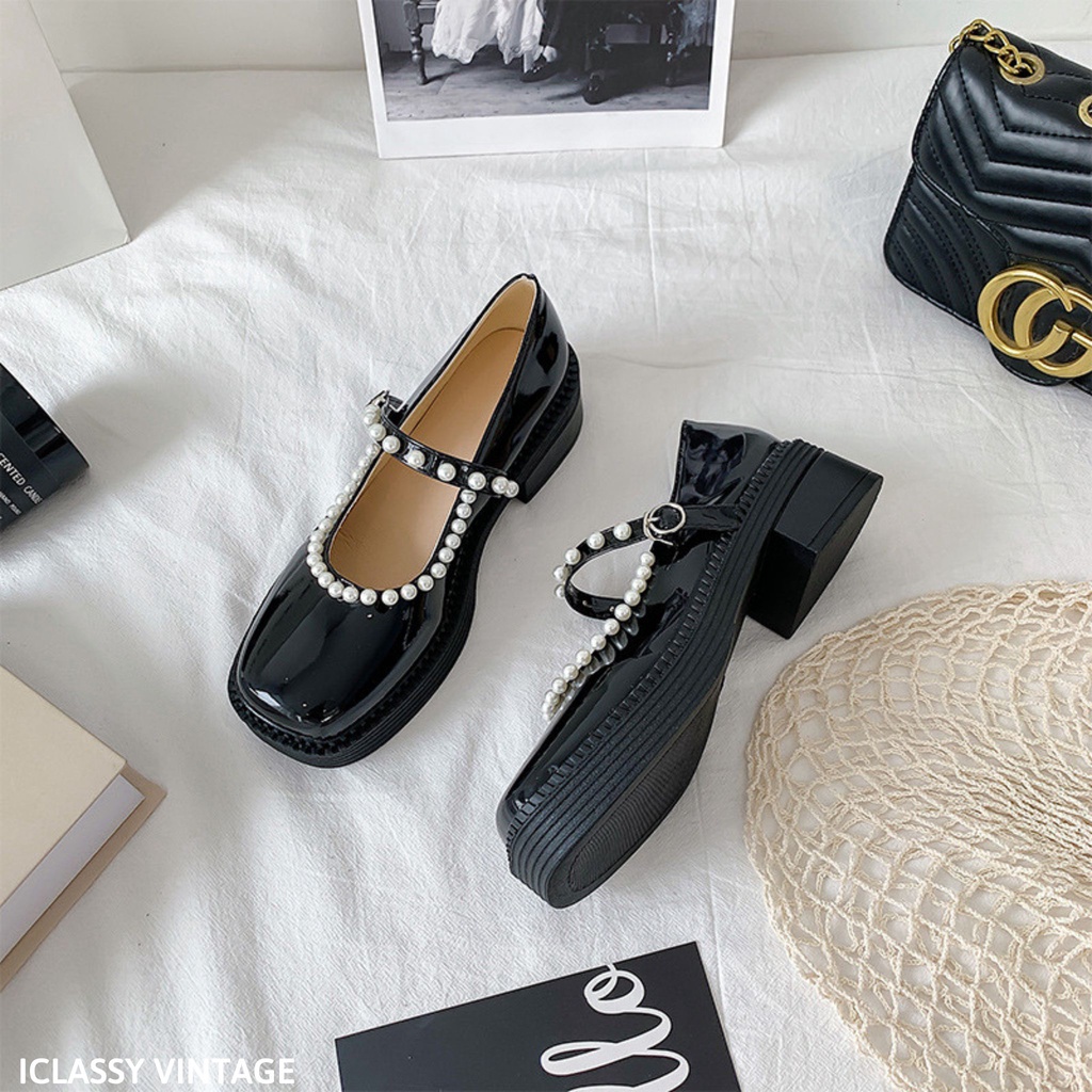 Giày Lolita Ulzzang Vintage, Giày Mary Jane Mũi Vuông Đính Ngọc Phần Viền Và Quai Đế Cao 5cm Hàn Quốc-Iclassy_shoes