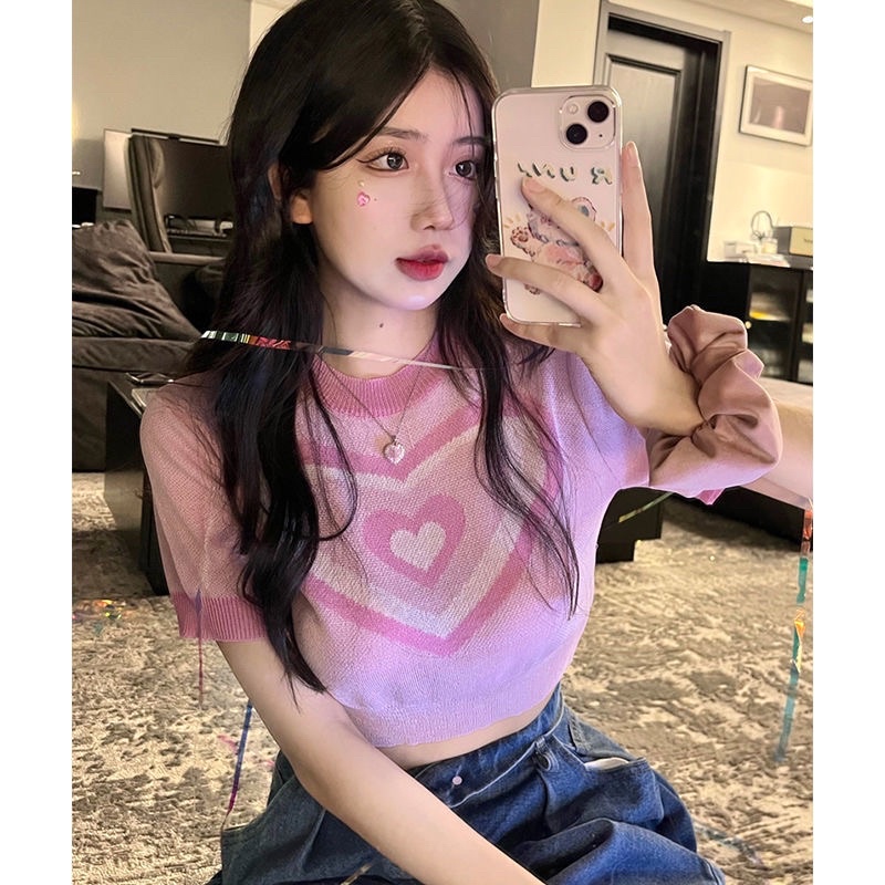 ÁO CROPTOP LEN TĂM HOẠ TIẾT TRÁI TIM màu hồng dễ thương trẻ trung thiết kế đơn giản