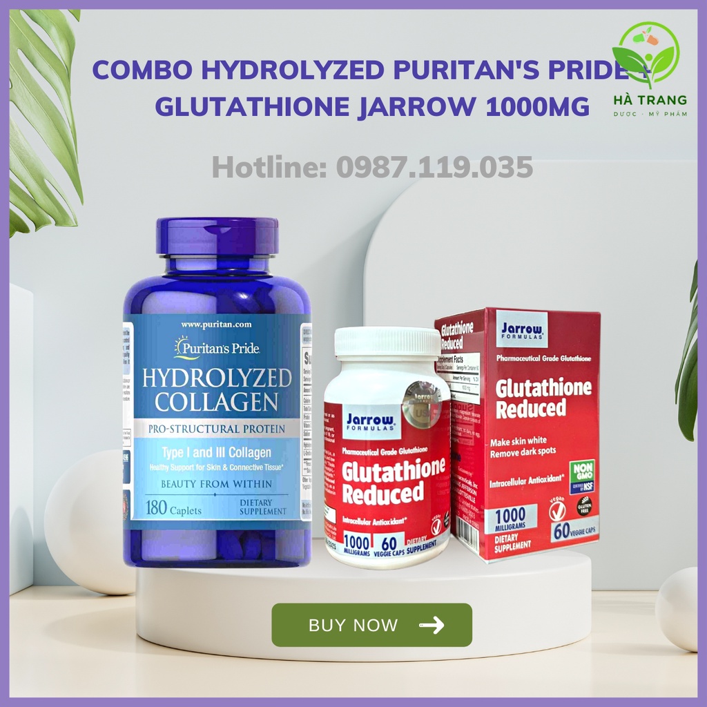 COMBO xoá nhăn mờ nám Collagen thủy phân Hydrolyzed 1000mg Puritan's Pride + GLUTATHIONE REDUCED 1000MG
