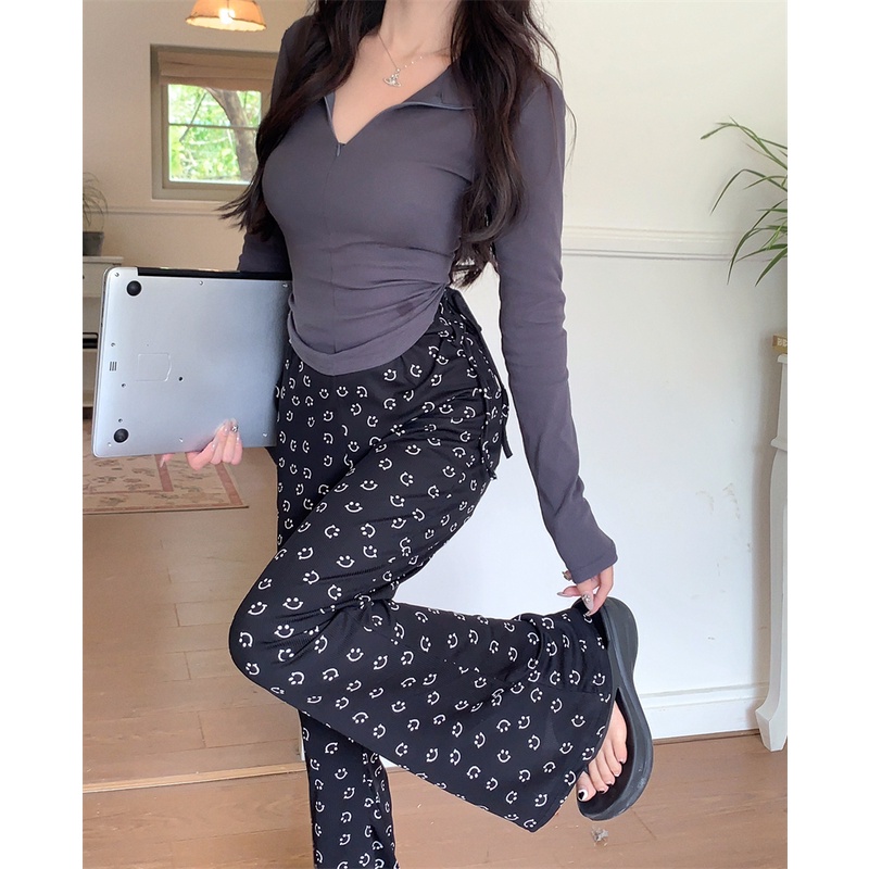 「Nonfatgirl」Hanman Hot Girl ~ Áo Thun Tay Dài Thiết Kế Cảm Giác Dễ Phối Đồ + Quần Dài Ống Loe In Hình Mặt Cười Đơn Giản Cho Nữ Mua