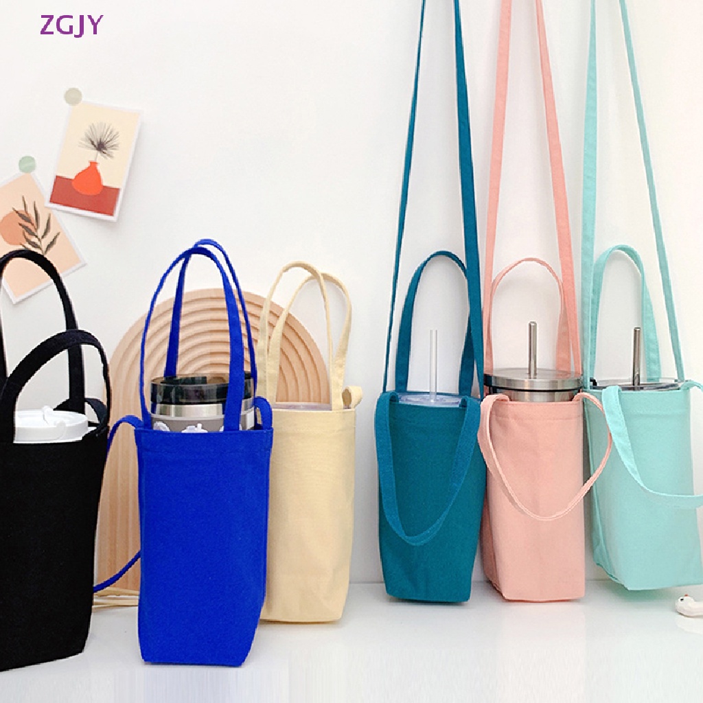 Túi Canvas Đựng Bình Nước Màu Trơn Dễ Thương Có Dây Đeo Mới