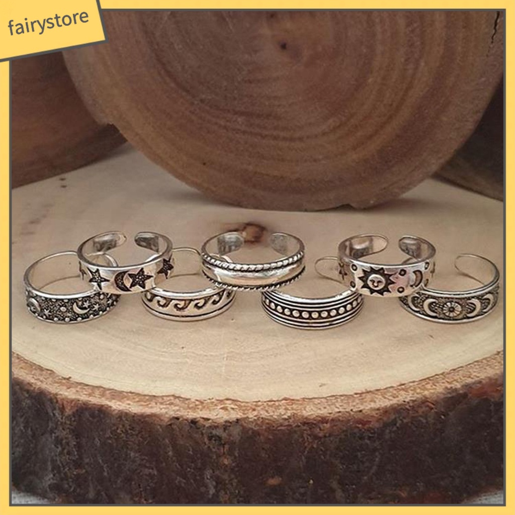 Set 1 / 7 Nhẫn Đeo Ngón Chân Mạ Điện Hình Trăng Sao Phong Cách Bohemian Thời Trang Đi Biển