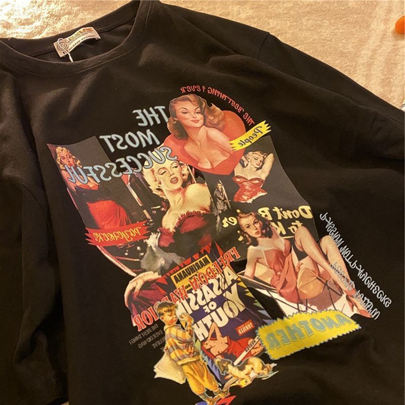 Áo Thun Cotton Ngắn Tay Dáng Rộng Thời Trang Mùa Hè Phong Cách Retro Mỹ