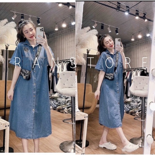 Váy sơ mi dáng dài 2 túi chất bò mềm mát bigsize đầm suông cổ bẻ tay lỡ basic ranstore
