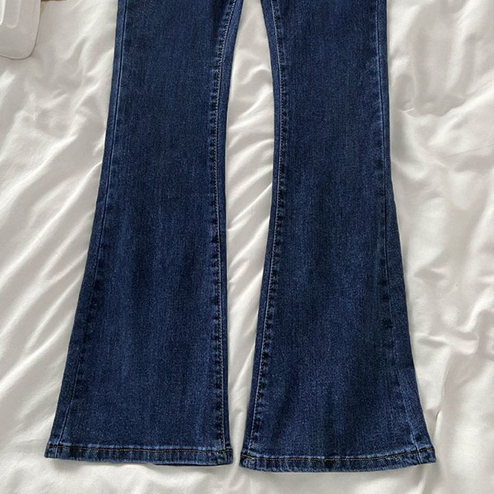 Quần Jean Ống Loe Màu Xanh Đậm Thời Trang Cho Nữ
