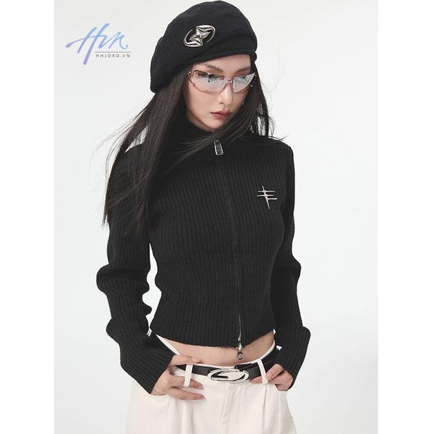 Áo Khoác Cardigan Dệt Kim Dáng Ngắn Có Khóa Kéo Thời Trang Xuân Thu Cho Nữ