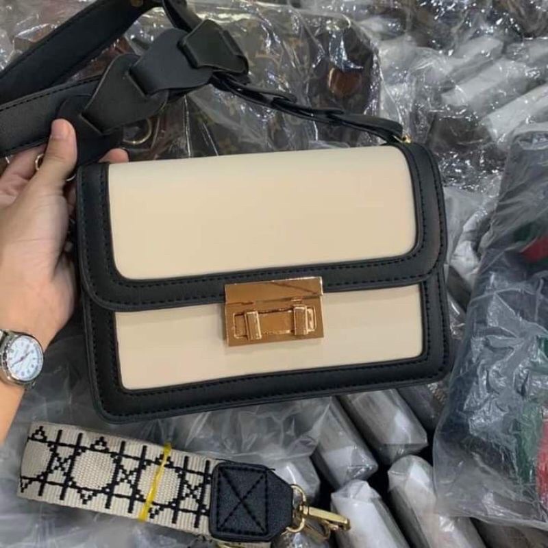 Túi xách đeo chéo kẹp nách nữ khóa xoay 3 ngăn 2 dây da mềm pha màu TIMISTOREHN TN189