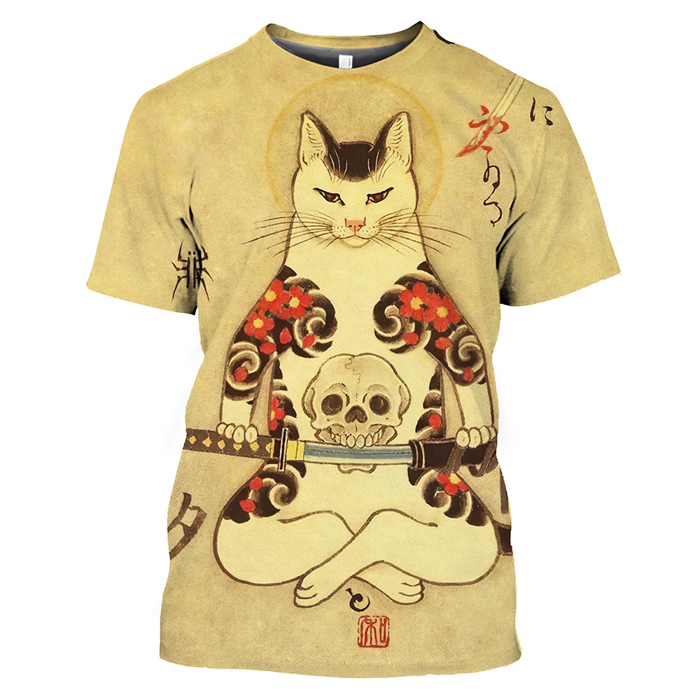 Áo Thun Tay Ngắn Cổ Tròn In Họa Tiết Mèo Samurai 3D Phong Cách Vintage Thời Trang Mùa Hè Cho Nam Và Nữ