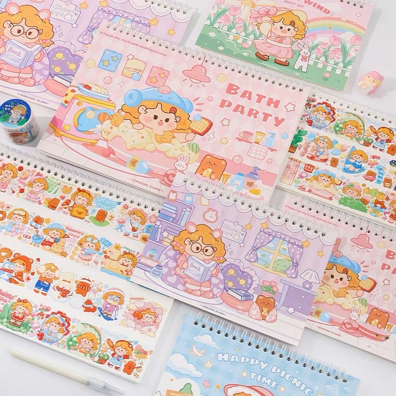 Sổ Chiết Sticker Washi Sổ Lò Xo 40 Tờ Hình Cô Gái Tóc Xoăn Dễ Thương