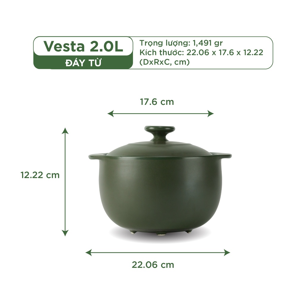Nồi Sứ Dưỡng Sinh Minh Long Healthy Cook Vesta 2.0 L - Dùng Cho Bếp Từ