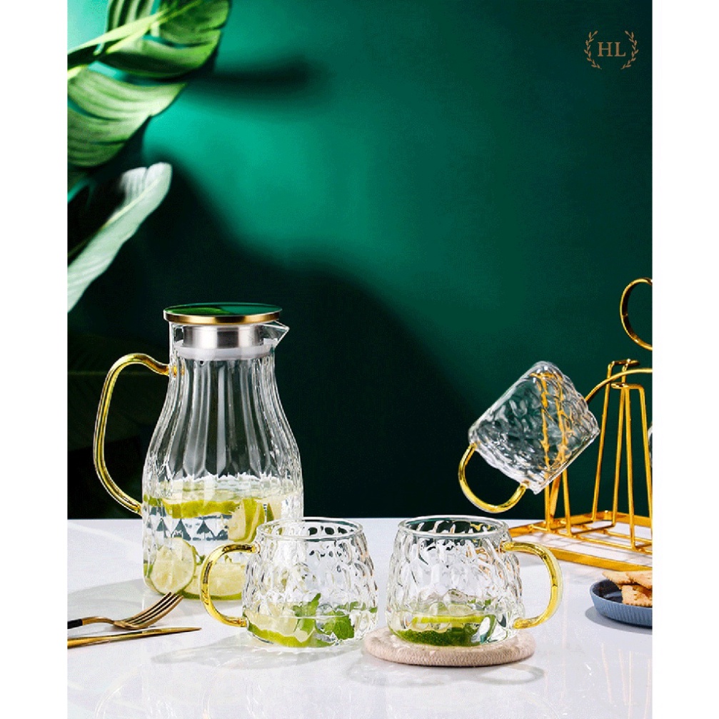 BỘ BÌNH CỐC THỦY TINH VÂN SÒ | BỘ BÌNH CỐC THỦY TINH CHỊU NHIỆT DECOR DẬP NỔI VÂN QUẢ NA , gia dụng decor thông minh