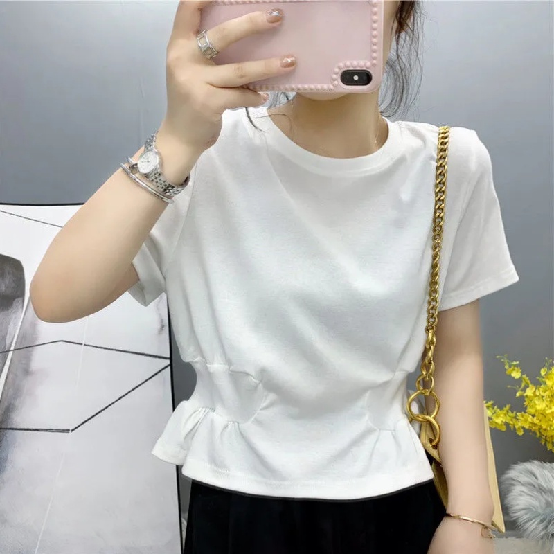 Áo Thun Nữ Ngắn Tay Cổ Tròn Màu Trơn Thời Trang Mùa Hè Mới