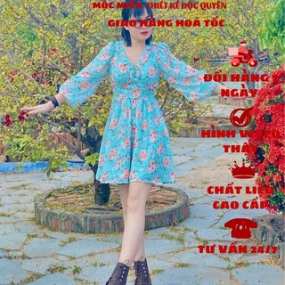 Đầm hoa nhí, váy hoa hồng cổ v viền béo tay dài dáng xoè chất voan 2 lớp dày dặn DX05