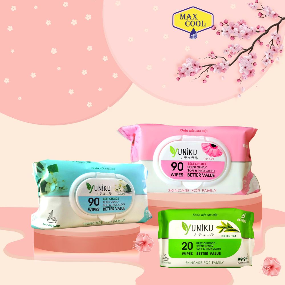 Combo 3 gói khăn ướt YUNIKU (2 gói 90 tờ "phấn + lài" + 1 gói 20 tờ "x.lá")