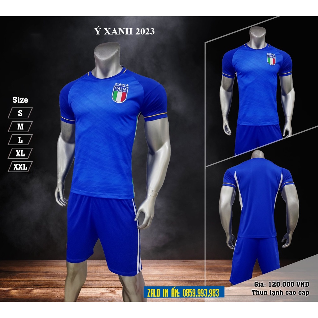 Quần Áo Bóng Đá Italia Logo Thêu, Bộ Quần Áo Đá Banh Tuyển Ý Thun Lạnh Cao Cấp A20