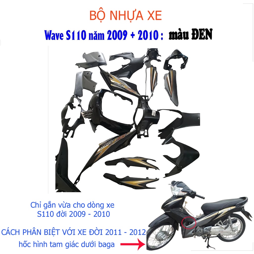  Bộ dàn áo nhựa Nguyên sinh ABS xe WAVE S110 - WAVE RS110 màu ĐEN,dành cho đời xe từ 2009-2010 tặng kèm theo tem xe A544 