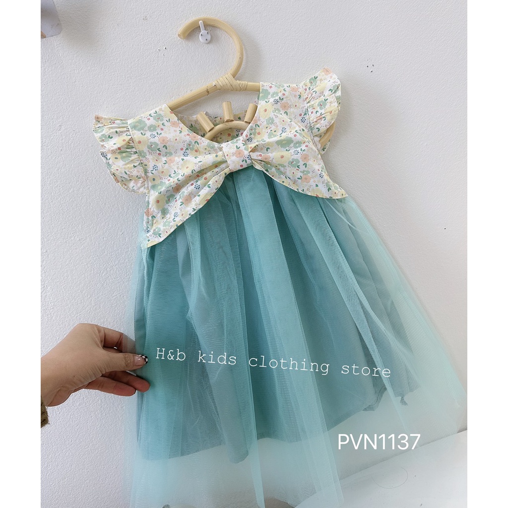 Váy cổ hoa phối voan lưới xanh bé gái