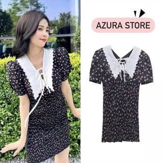 Váy hoa đen cổ V bo chun, 2 lớp váy, dây rút xinh xắn Bạch Lộc