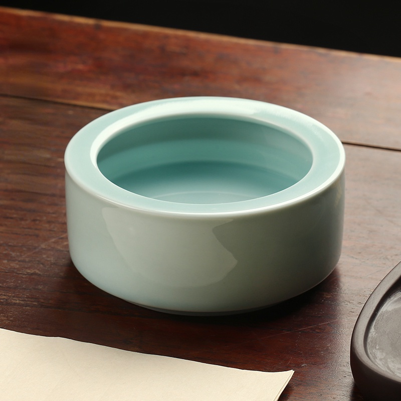 Rửa Bút Gốm [Huayun] Bean Green Glaze Flat Mouth Pen Wash Tank Antique Water Bowl Wash Ceramic Ink P