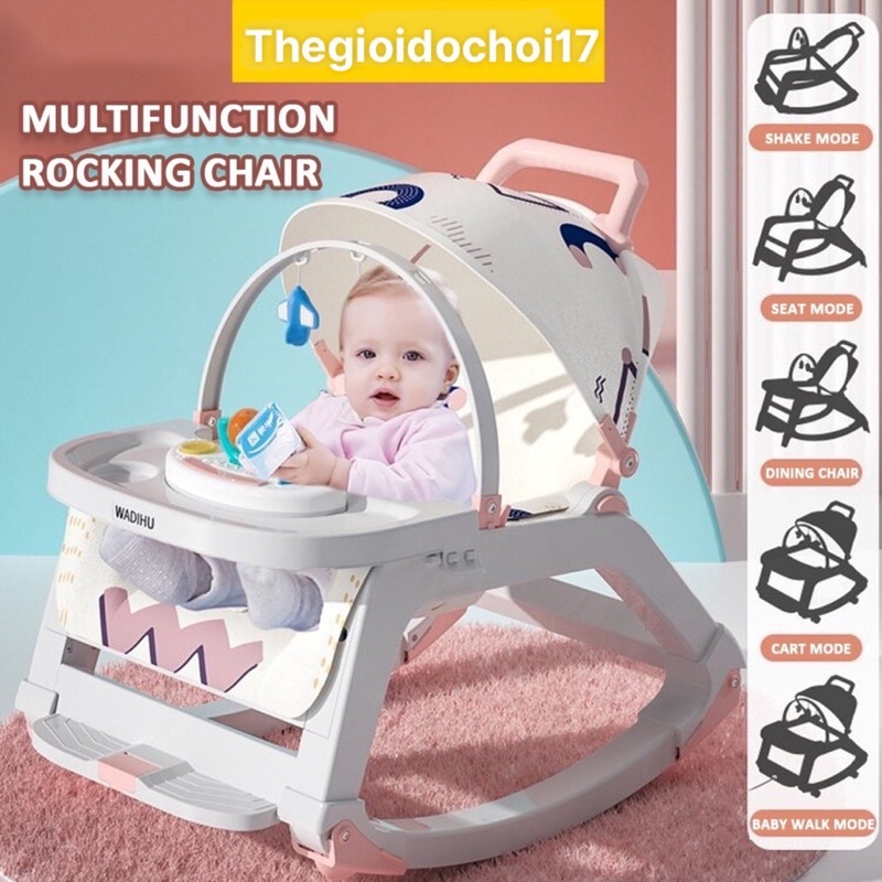 Ghế rung nhún, bập bênh, kiêm ghế ăn dặm 5 in 1 cho bé - Hàng Cao Cấp có bánh xe và đồ chơi