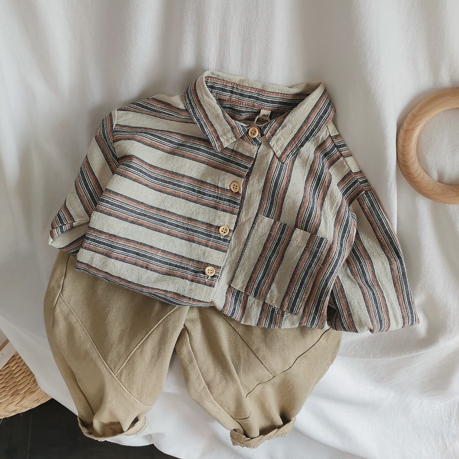 Áo Sơ Mi Vải Lanh Cotton Kẻ Sọc Thiết Kế Lệch Tà Kiểu Hàn Quốc Dễ Thương Cho Bé