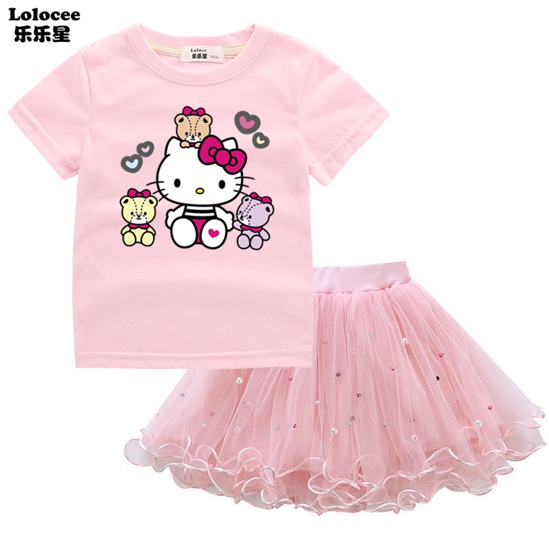 Set Áo Thun In Hình Hello Kitty Và Chân Váy Xòe Đáng Yêu Dành Cho Bé Gái
