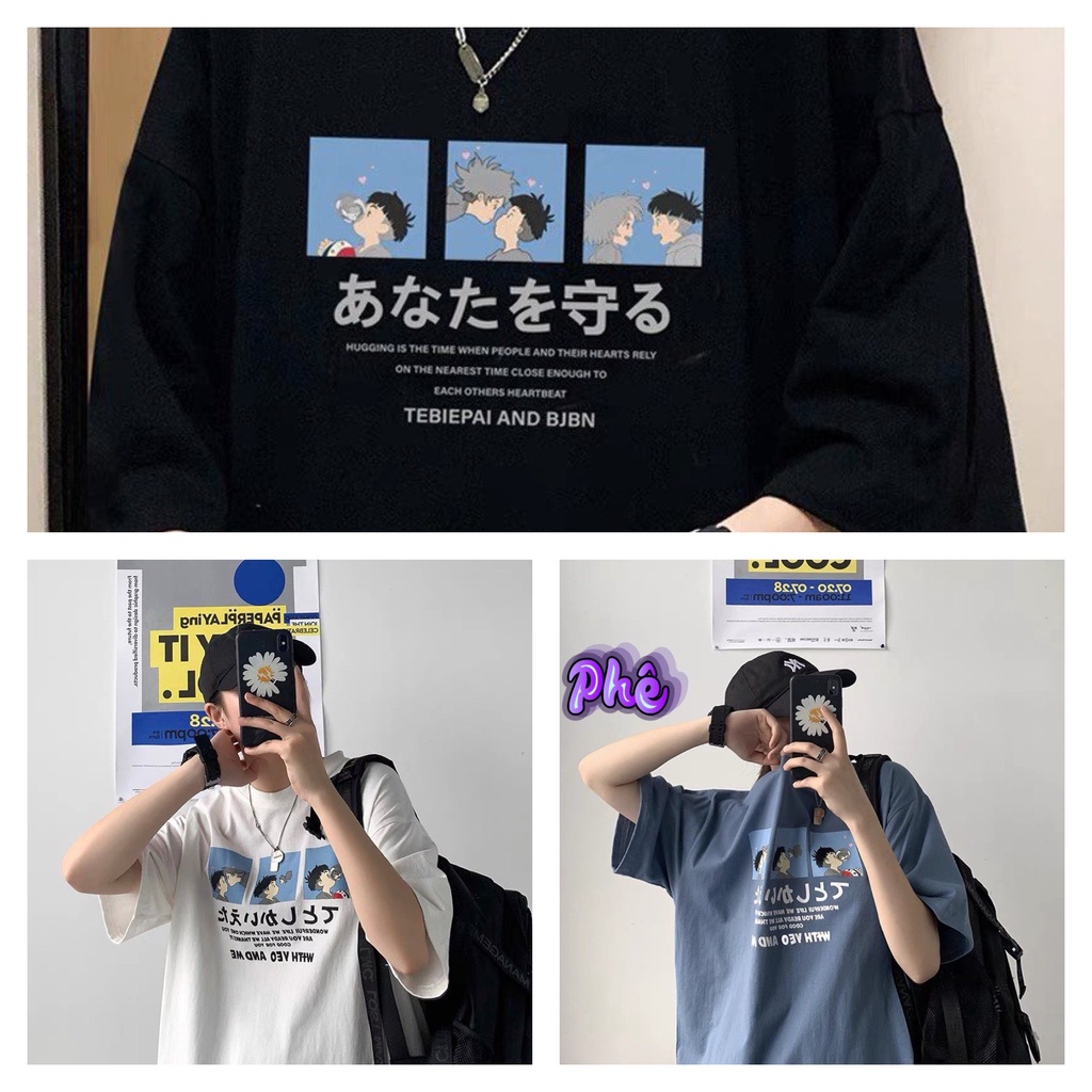 Áo phông thun unisex Oversize form thụng tay lỡ chất cotton xịn sò 3 màu Đen, Trắng,Xanh .Phong cách thể thao Hàn Quốc