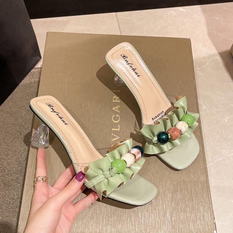 Xăng đan Cao Gót Pha Lê Trong Suốt Phối Ren Hoa Sen Thời Trang Mùa Hè Cho Nữ