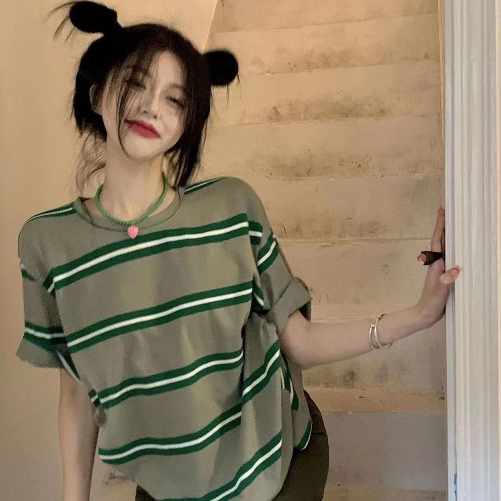 Áo Thun Tay Ngắn Dáng Rộng Họa Tiết Kẻ Sọc Màu Xanh Lá Thời Trang Mùa Hè Mới Cho Nữ