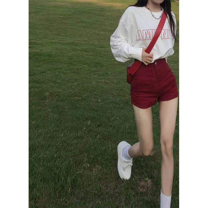 Quần Short Denim Màu Đỏ Lưng Cao Dáng Ôm Co Giãn Cho Nữ