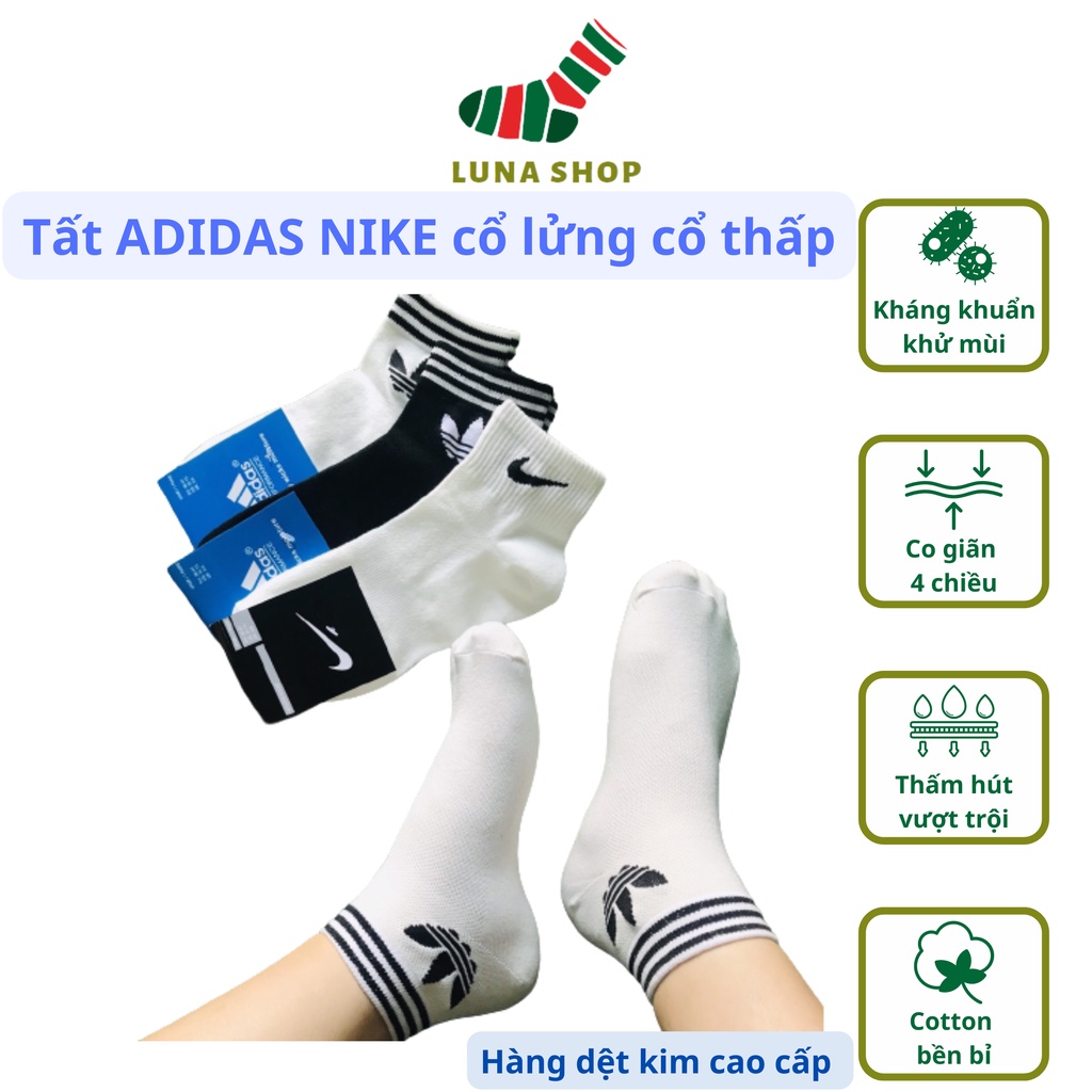 Tất thể thao Nike Adidas cổ ngắn nam nữ 3 lá đi êm chân thoáng khí không bai xù siêu bền hàng dệt kim cao cấp luna shop