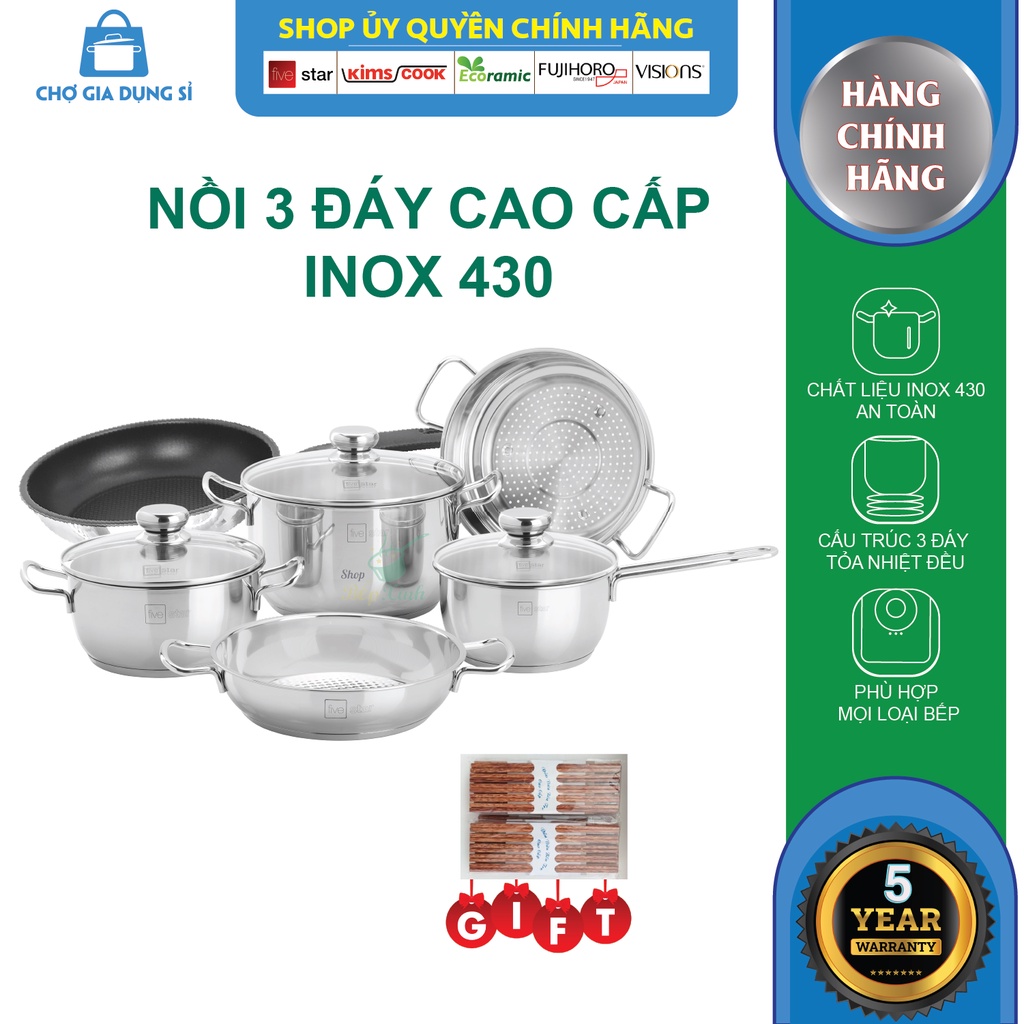 Bộ nồi chảo xửng hấp 3 Đáy Inox 430 cao cấp Fivestar Standard bếp từ nắp kính , tặng 10 đôi đũa dừa