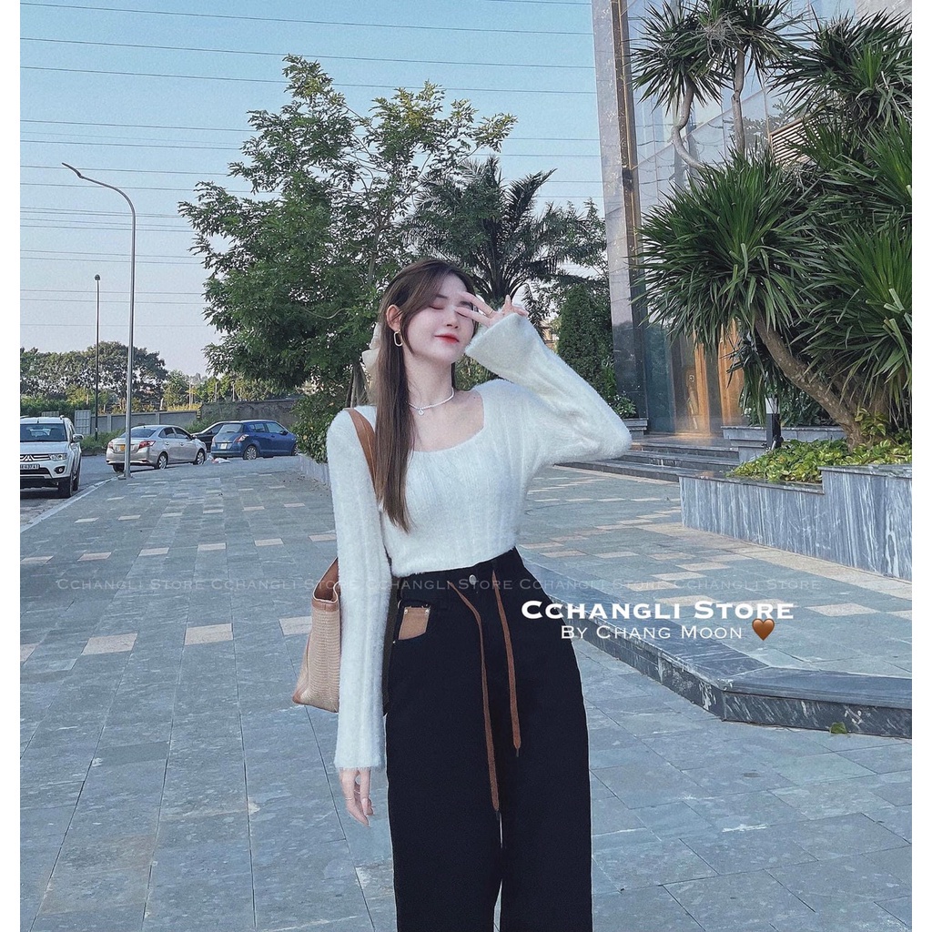 Áo len gân lông thỏ mượt nữ tay dài xòe cổ vuông dáng ôm hàng Quảng Châu đẹp dày dặn co giãn tốt mềm mịn 15356 5