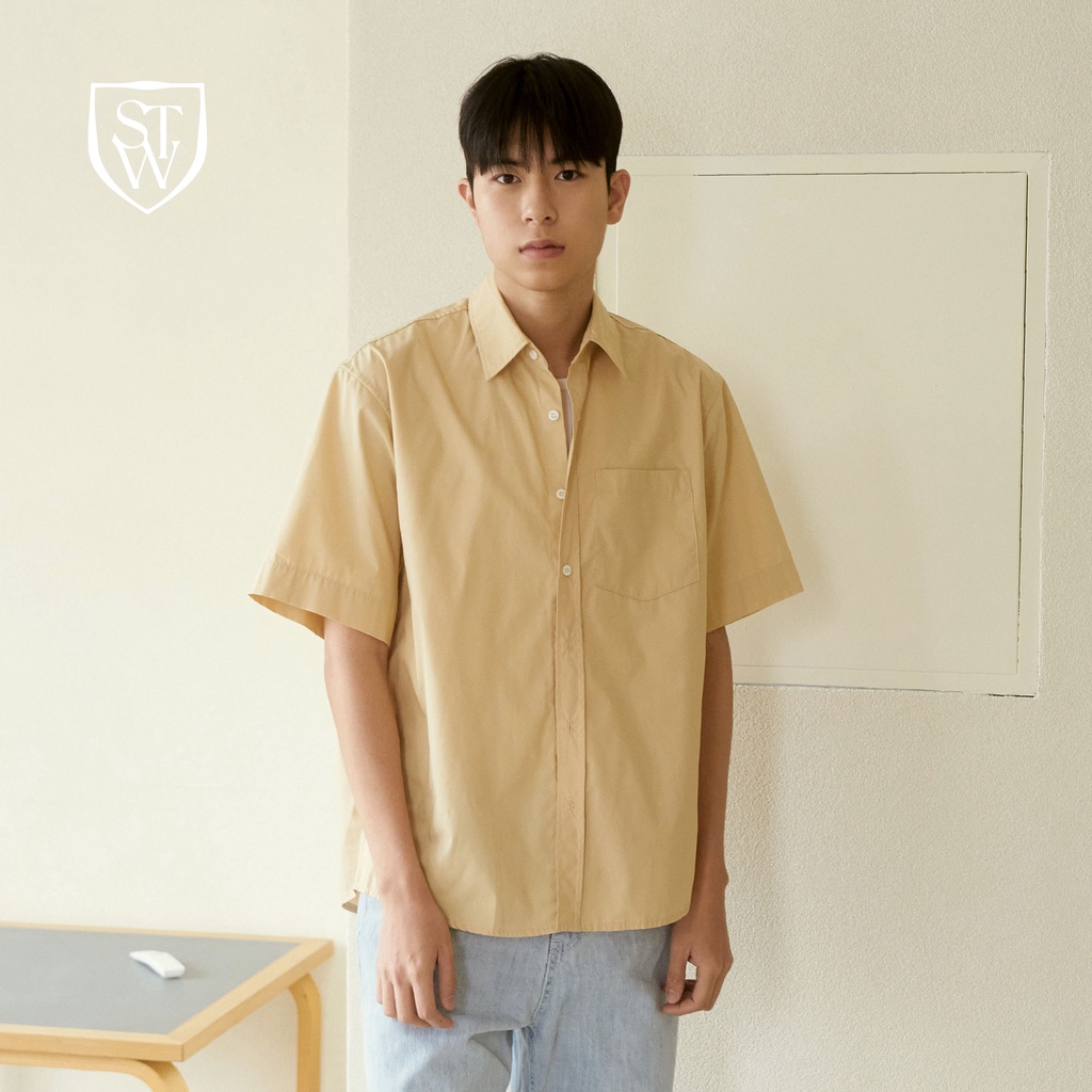 Áo sơ mi Hàn Quốc form rộng oversize be ngắn tay chất liệu cotton dành cho nam - Something to wear